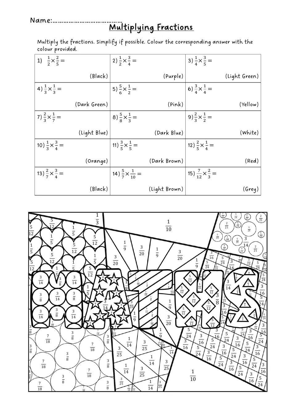 Multiplying fractions: students solve 15 problems like 1/2 × 2/5, simplify, then colour matching answers in a MATHS picture