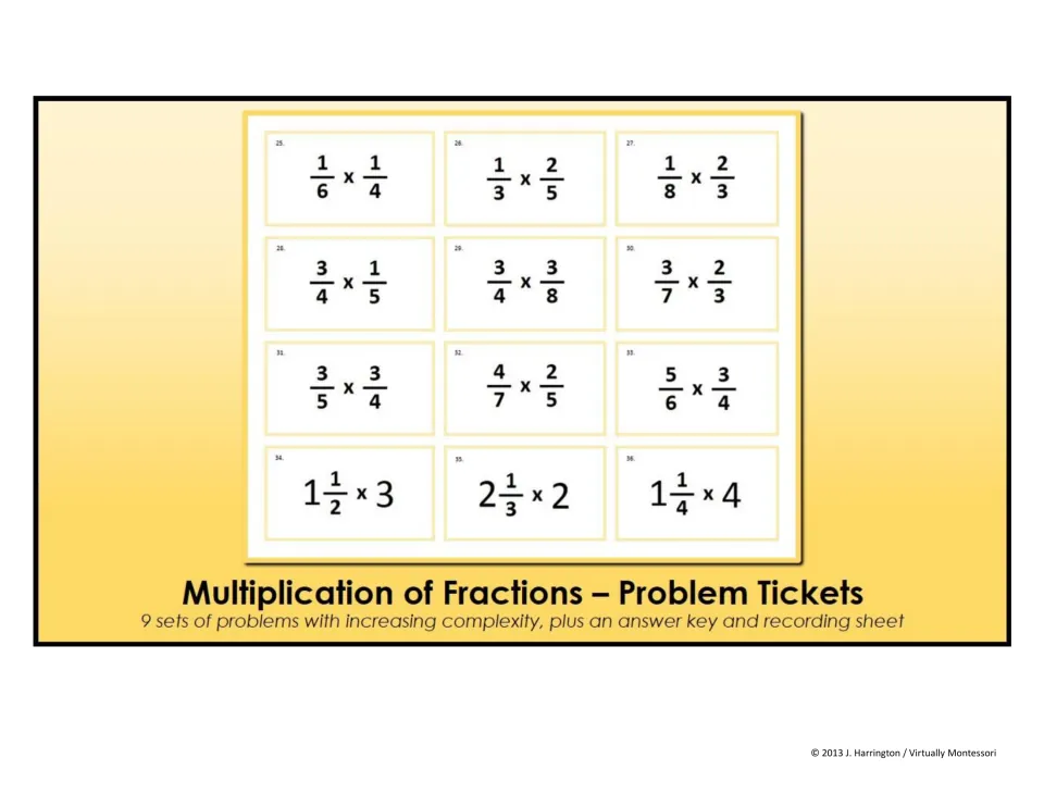 Multiplication of Fractions cover: sample tickets 25-36 and 9 problem sets plus an answer key and recording sheet