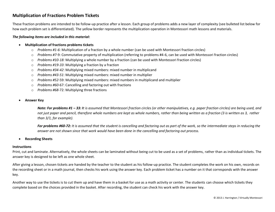 Teacher notes listing 9 problem sets, from fraction times whole number to three fractions, with print, cut and center tips