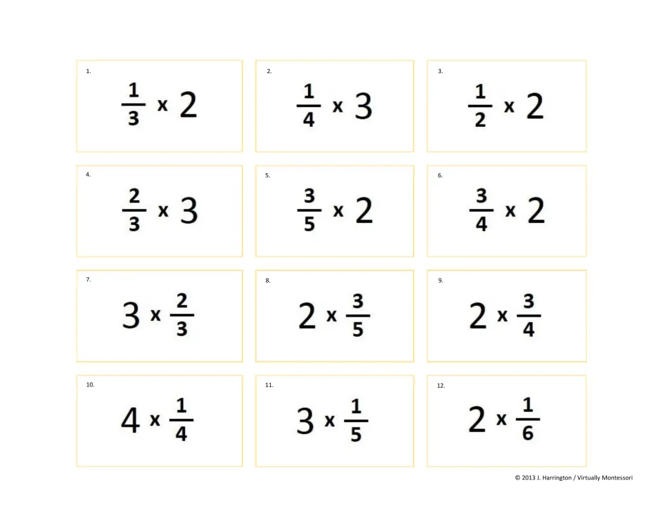 Fraction times whole number tickets 1-12: students solve 1/3 x 2 and similar, then the commutative form 3 x 2/3