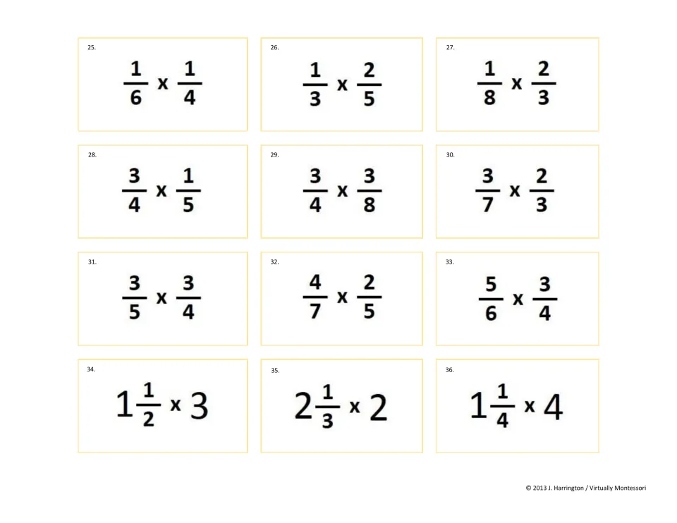 Tickets 25-36: students multiply two fractions such as 5/6 x 3/4, then start mixed numbers like 1 1/2 x 3