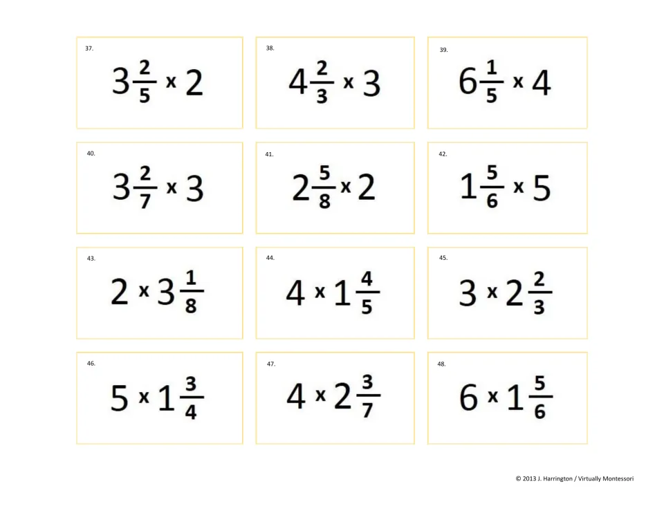 Tickets 37-48 on mixed numbers: students solve 3 2/5 x 2 and 1 5/6 x 5, then the reversed order, as in 2 x 3 1/8