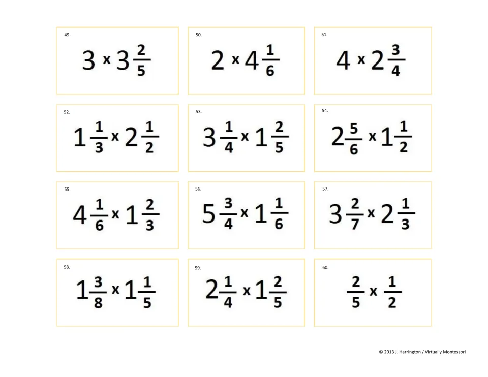 Tickets 49-60: whole number times mixed number, then two mixed numbers such as 1 1/3 x 2 1/2, ending with 2/5 x 1/2