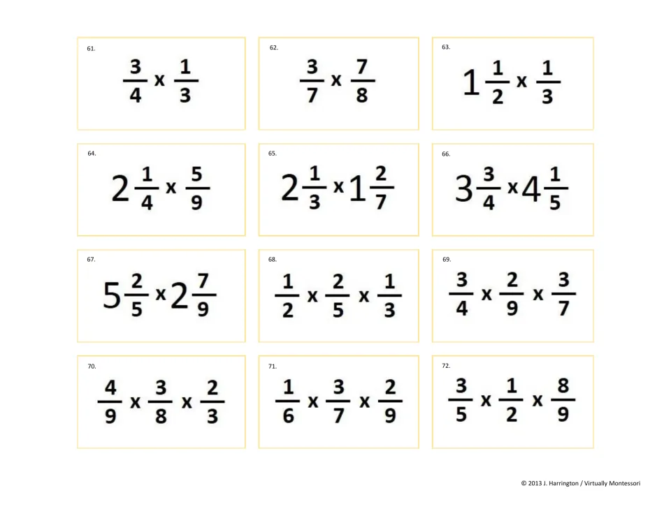 Tickets 61-72: cancelling and factoring out before multiplying, then three-fraction products such as 1/2 x 2/5 x 1/3