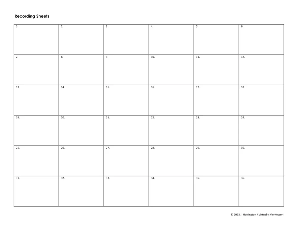 Recording sheet for problems 1-36: students write their work and answer under each ticket number before checking