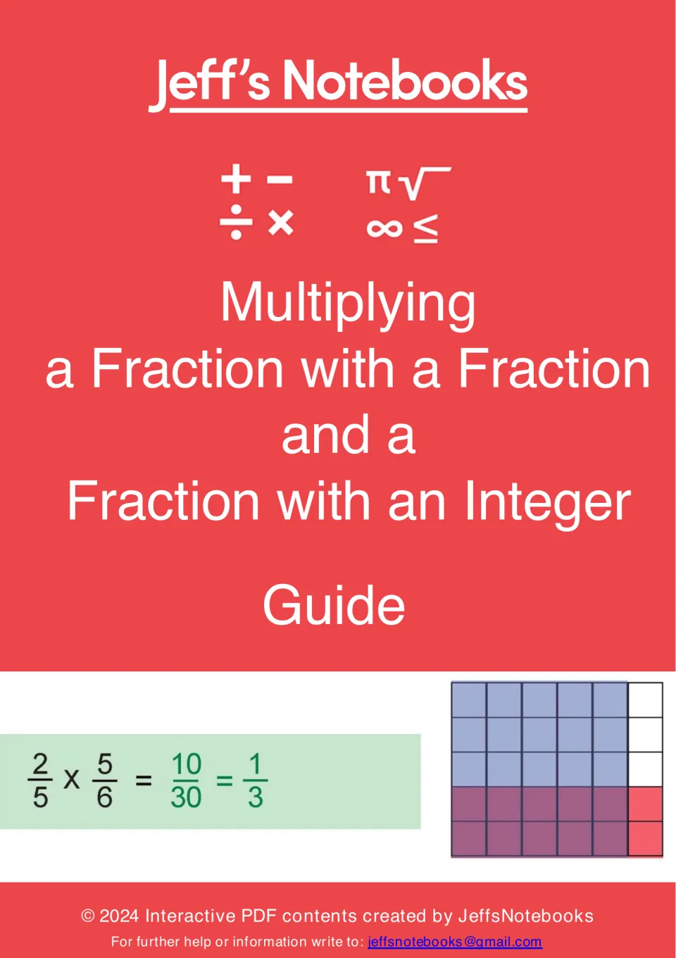 Cover of a Jeff's Notebooks guide to multiplying a fraction by a fraction and by an integer, with a 2/5 x 5/6 array model