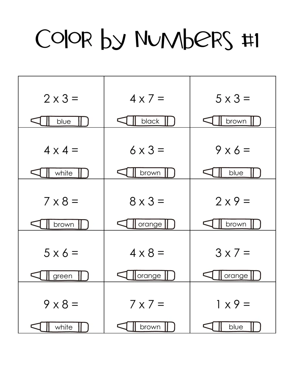 Color by Numbers #1 code: students solve 15 multiplication facts, from 2 x 3 to 9 x 8, and match each product to a color