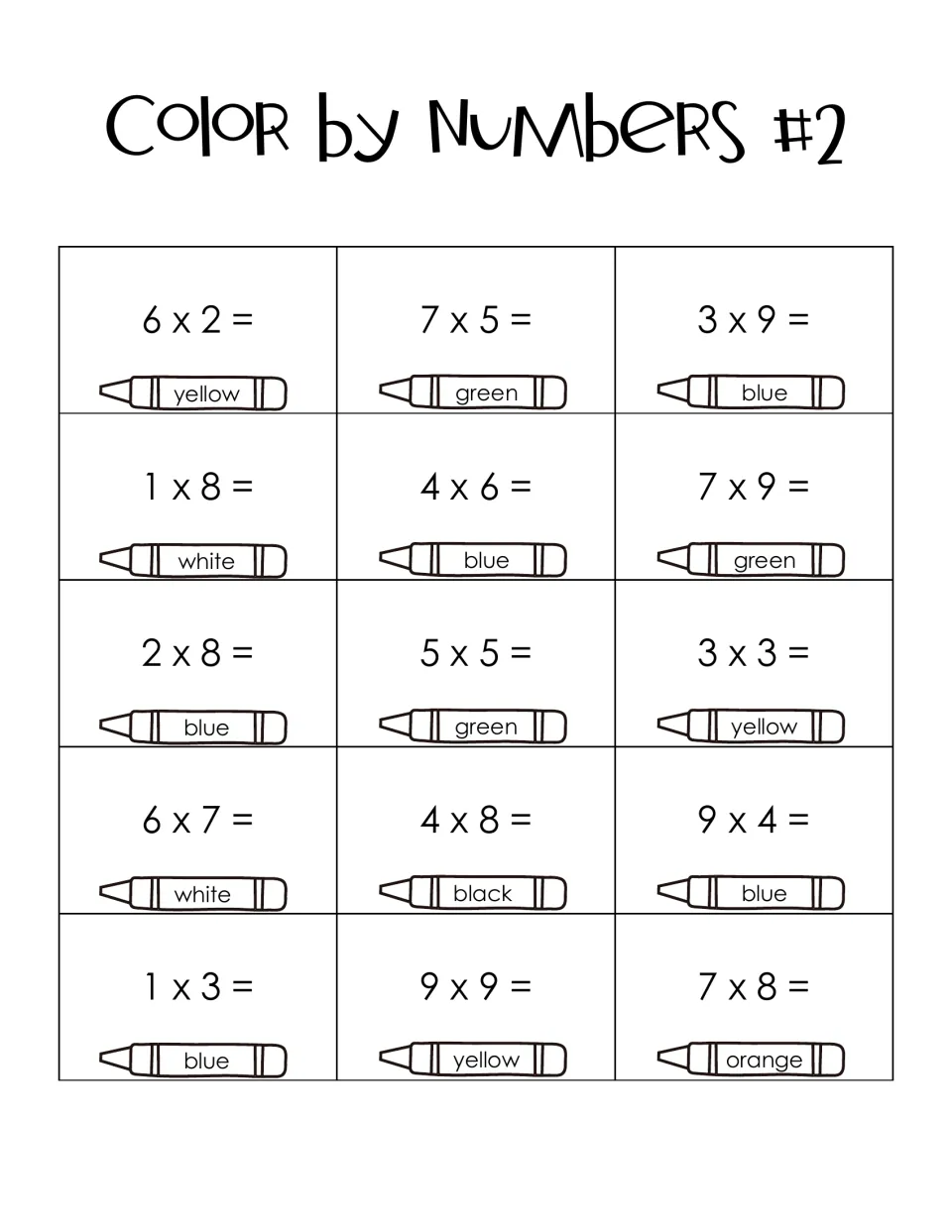 Color by Numbers #2 code: students multiply 15 facts such as 6 x 2, 7 x 9 and 9 x 9 and note each crayon color