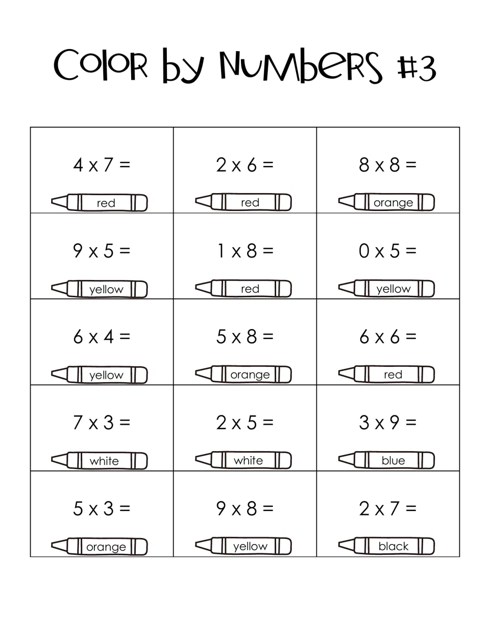 Color by Numbers #3 code: students solve 15 facts, including 0 x 5, 8 x 8 and 9 x 8, with red, yellow, orange and more