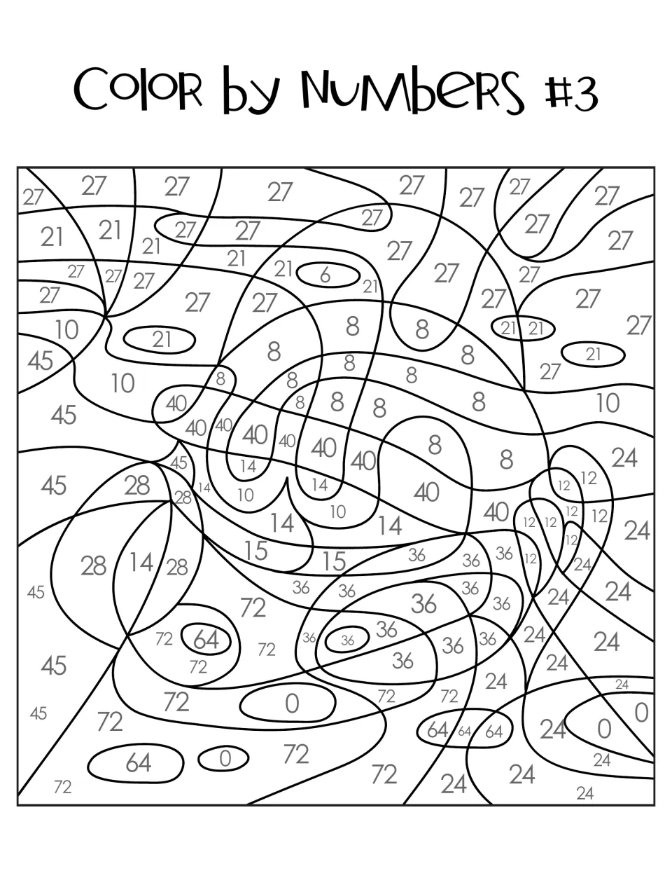 Color by Numbers #3 picture: students color spaces marked with products such as 0, 27, 40 and 72 to reveal an image