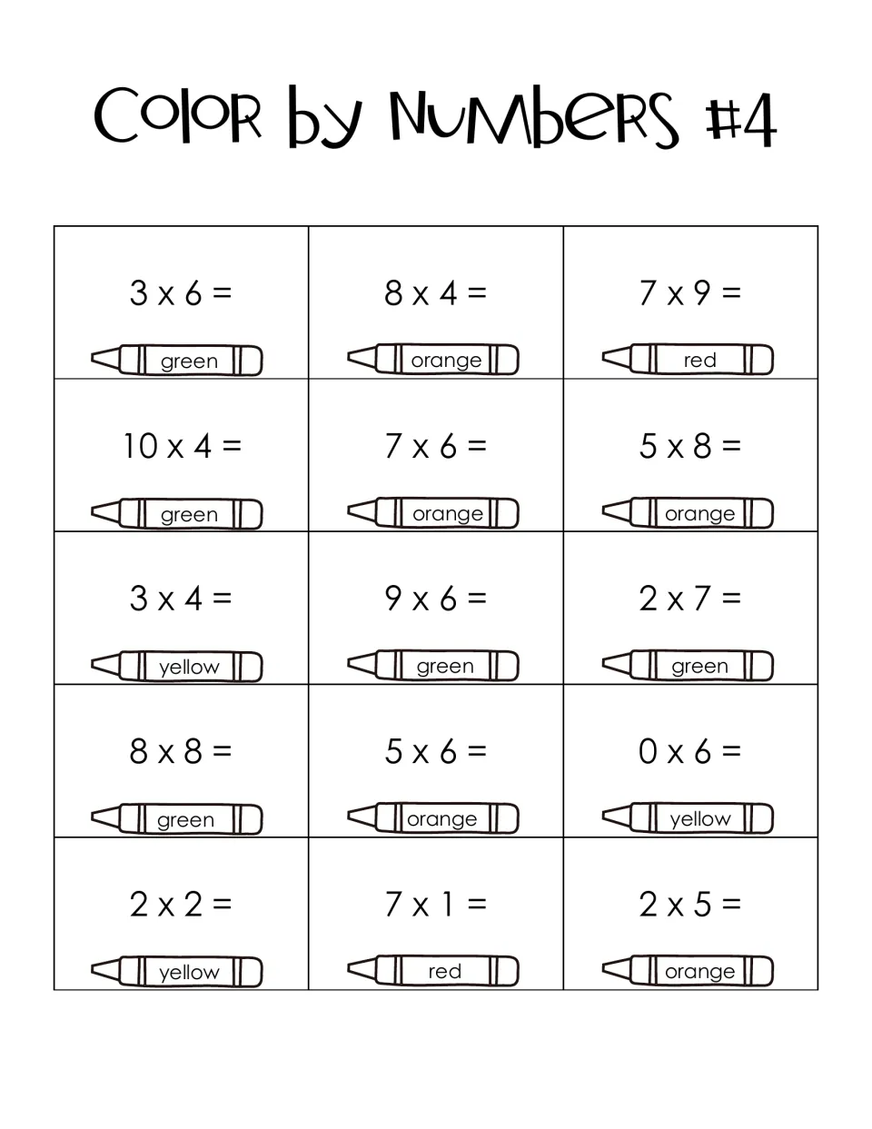 Color by Numbers #4 code: students solve facts like 10 x 4, 0 x 6 and 7 x 1, matching each product to green, orange or red