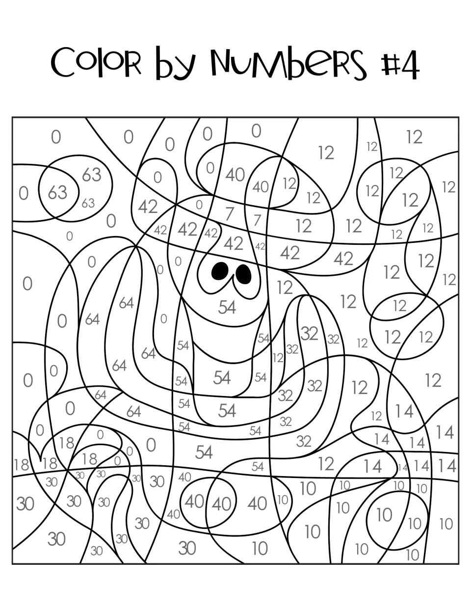 Color by Numbers #4 picture: students color spaces labeled 0 to 64 to reveal a hidden picture with a pair of eyes