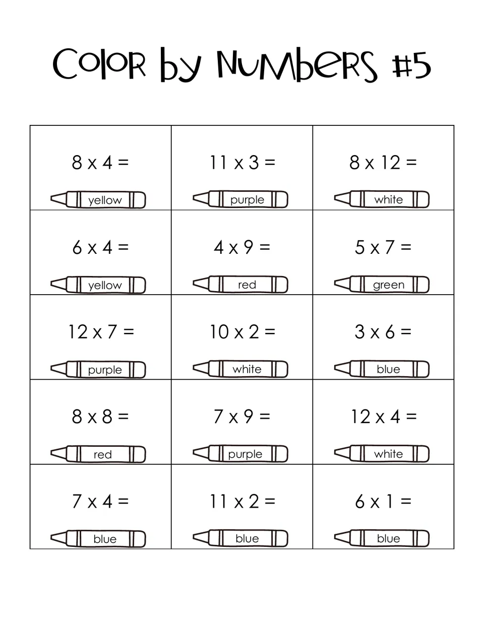Color by Numbers #5 code: students solve facts up to 12, such as 11 x 3, 8 x 12 and 12 x 7, each tied to a crayon color