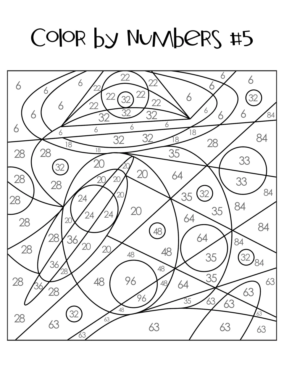 Color by Numbers #5 picture: students color spaces with products like 22, 33, 84 and 96 to uncover the hidden image