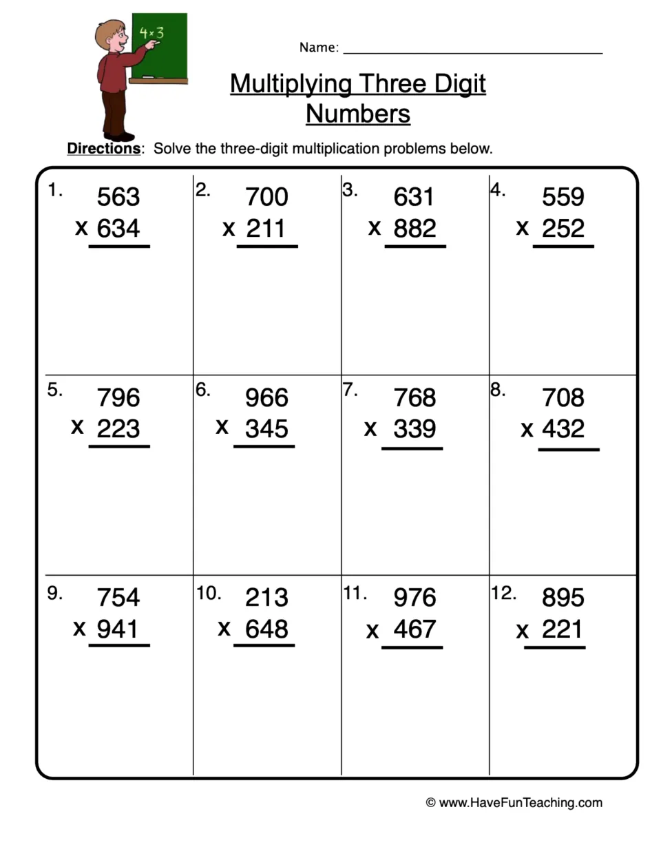 Multiplication practice sheet: 12 three-digit problems, including 563 × 634, 700 × 211, and 631 × 882.