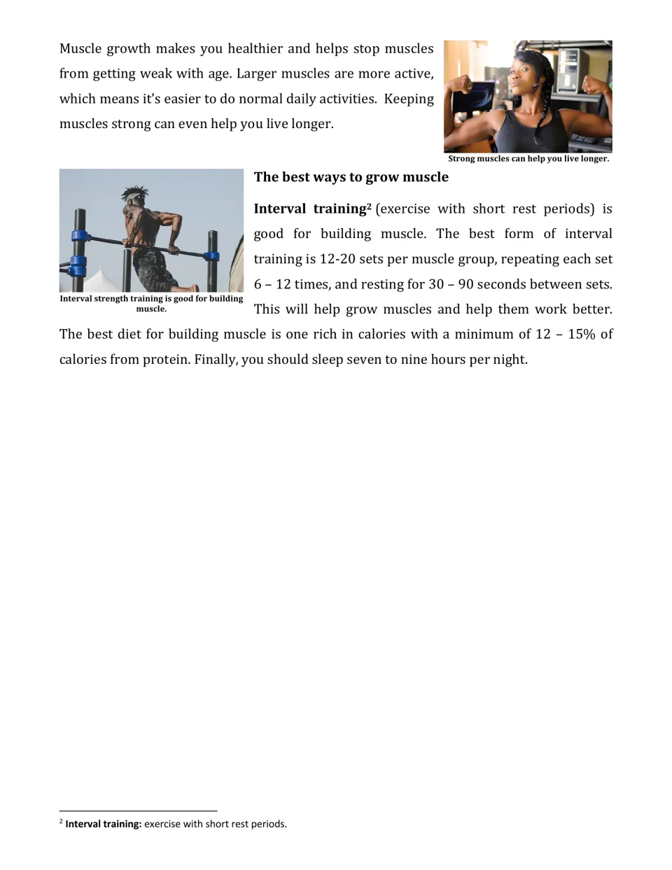 Reading passage continuation: benefits of strong muscles, interval training, protein intake, and sleep