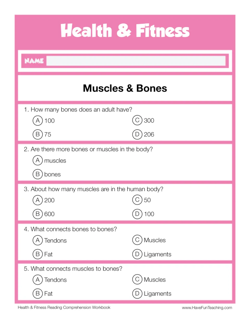 Muscles & Bones comprehension quiz: five multiple-choice questions on bone and muscle counts, ligaments and tendons