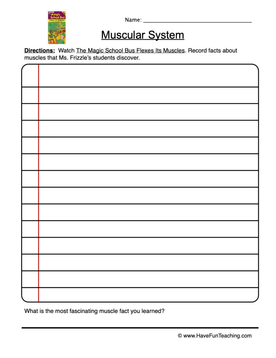 Muscular system video notes: students record muscle facts from The Magic School Bus Flexes Its Muscles, then name a favorite