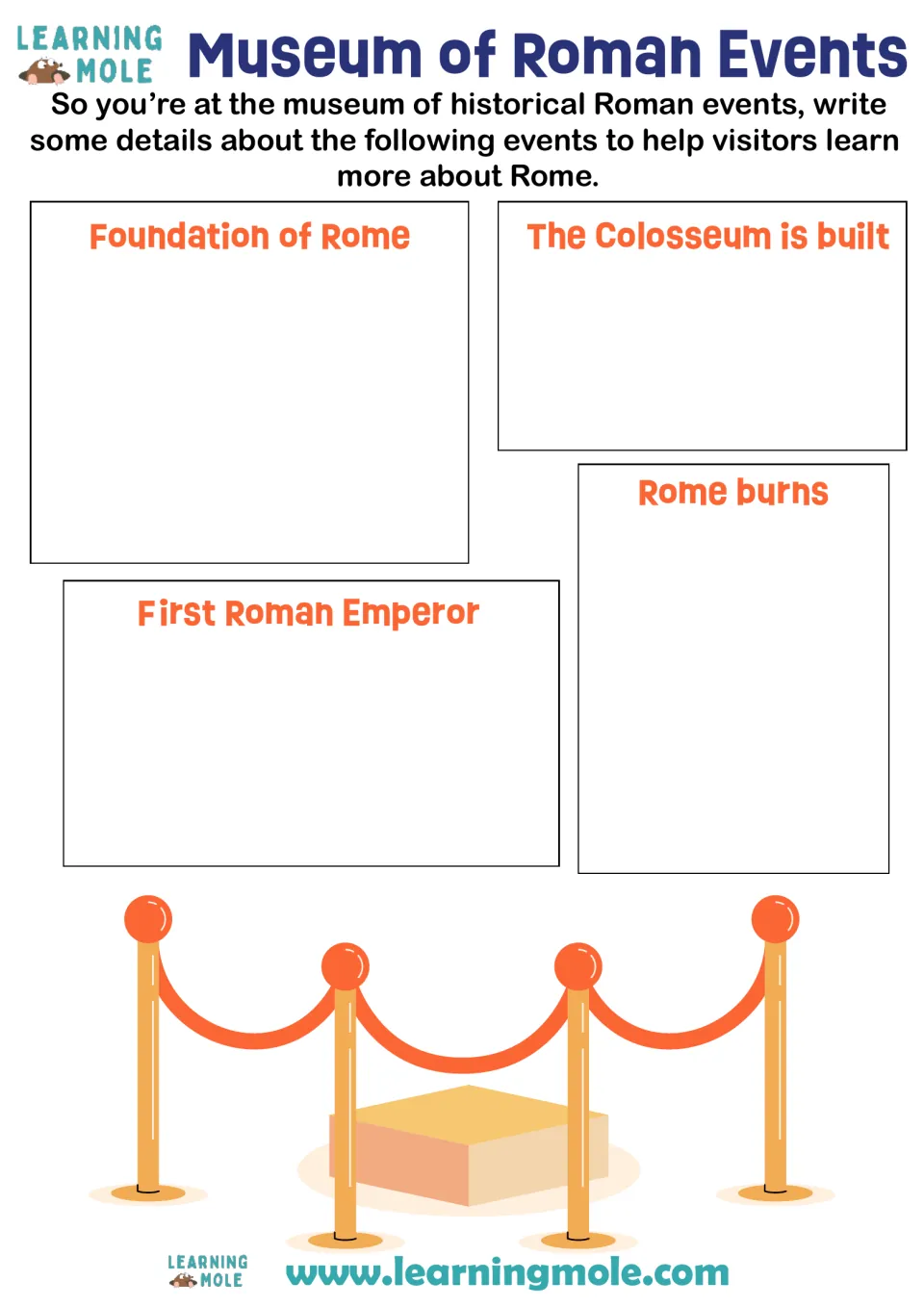 Roman history: students write museum details on Rome's founding, first emperor, the Colosseum being built and Rome burning