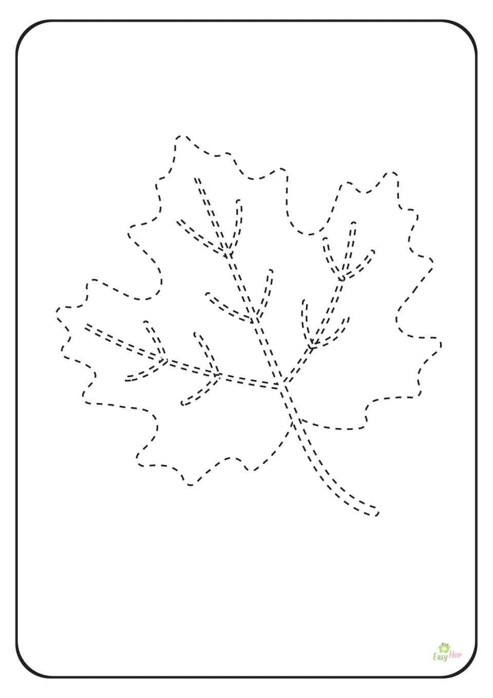 Leaf tracing page in the nature printable set, featuring a large leaf with dashed edges, stem, and veins.