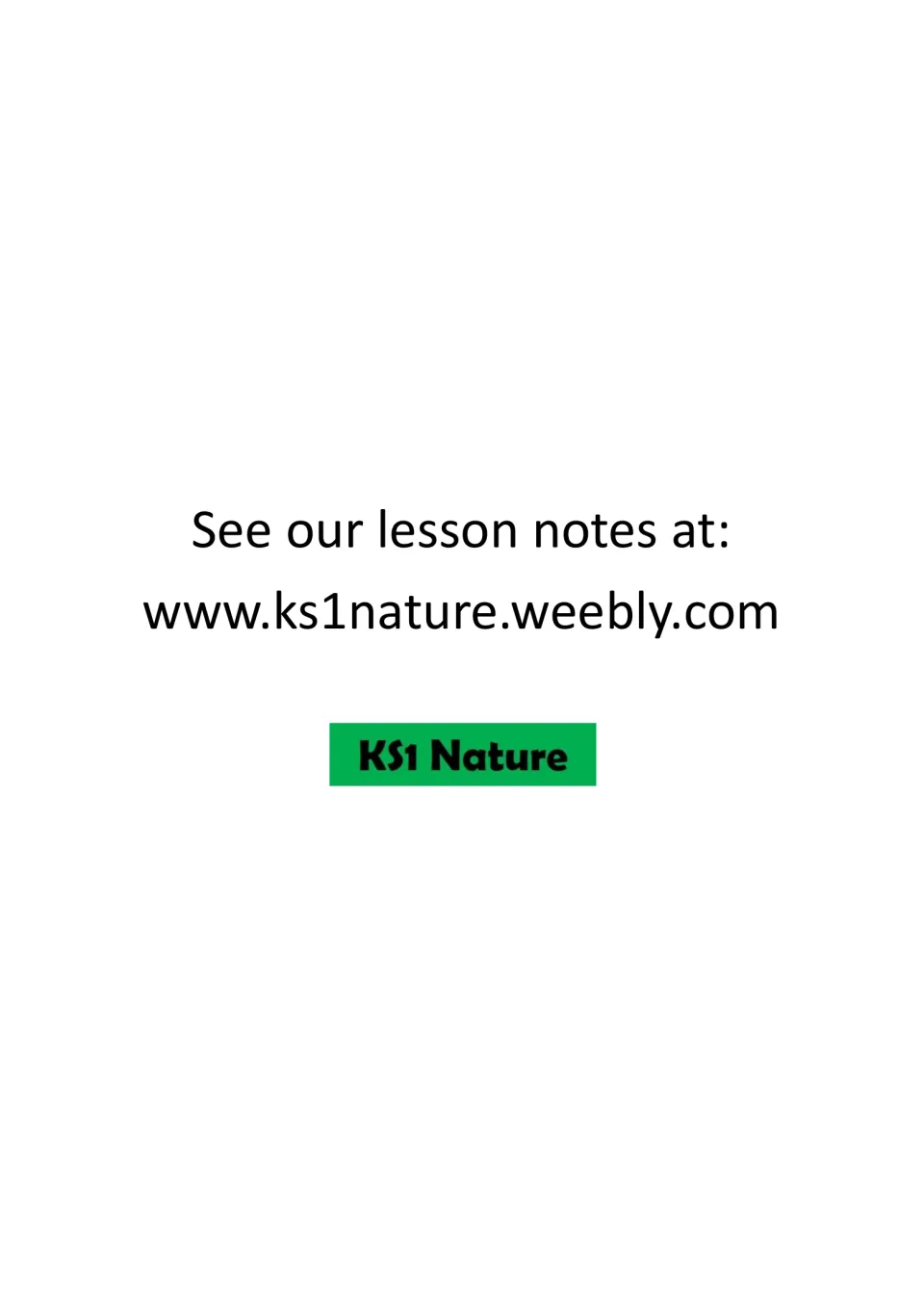 Note pointing teachers to lesson notes at www.ks1nature.weebly.com, with the KS1 Nature logo below the web address
