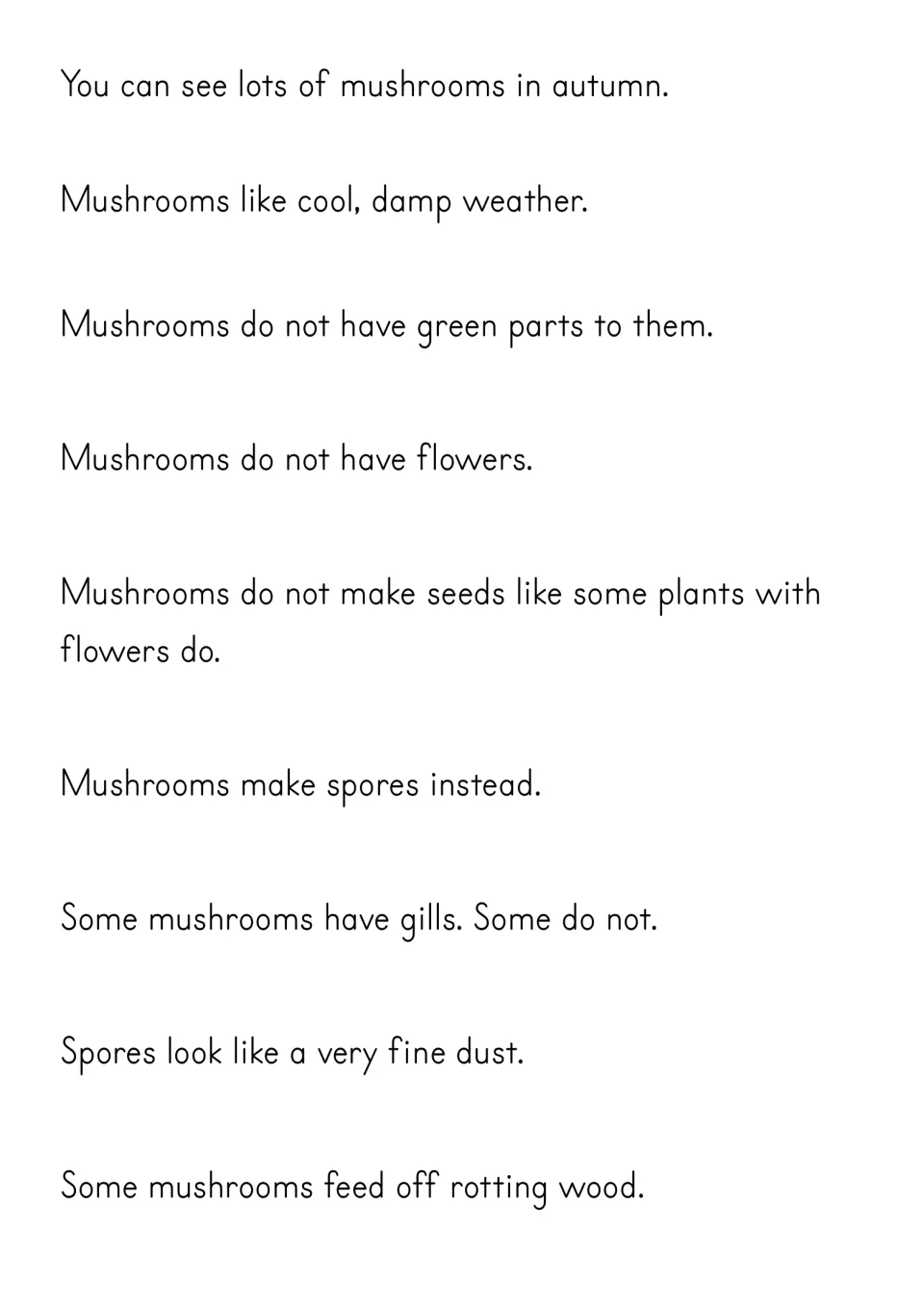 Mushroom facts text covering autumn, damp weather, no green parts or flowers, spores, gills and rotting wood