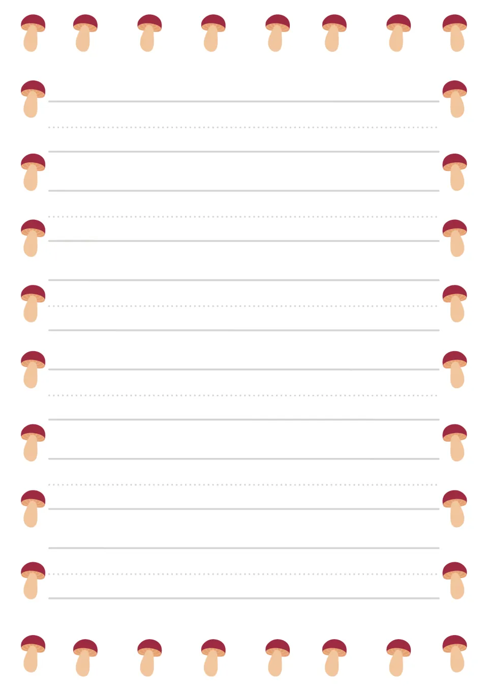 Color preschool handwriting paper from the mushroom-themed set for early writing and handwriting practice