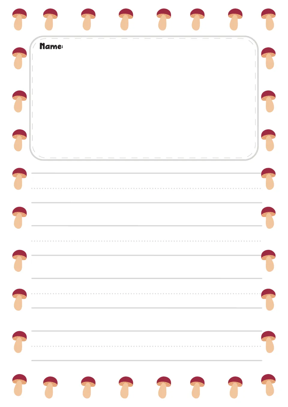Color preschool writing paper labeled "Name:" from the mushroom-themed writing and prewriting set