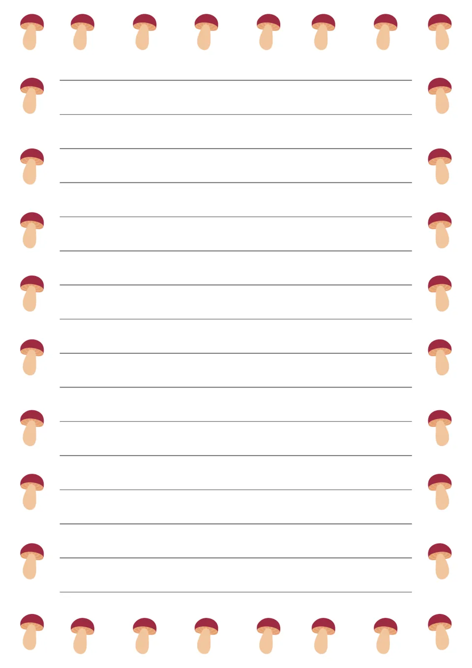 Color elementary writing paper from the mushroom-themed set for writing longer sentences and stories
