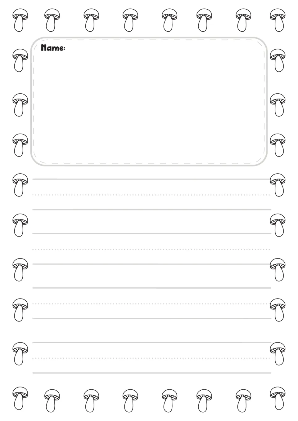 Black-and-white preschool writing paper labeled "Name:" from the mushroom writing and prewriting set
