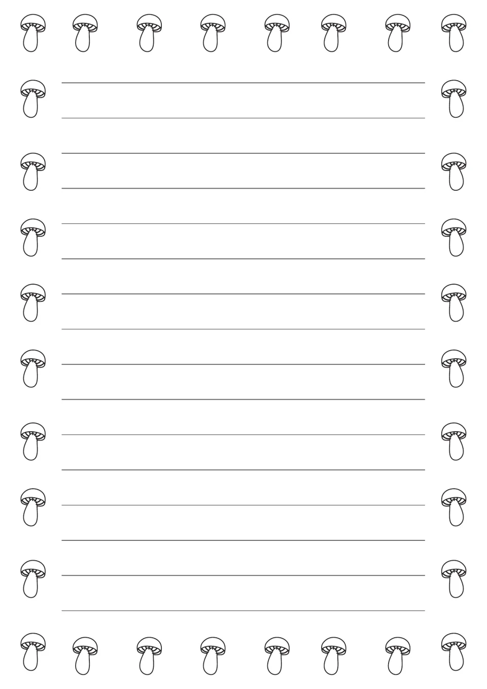 Black-and-white elementary writing paper from the mushroom-themed set for longer sentences and stories