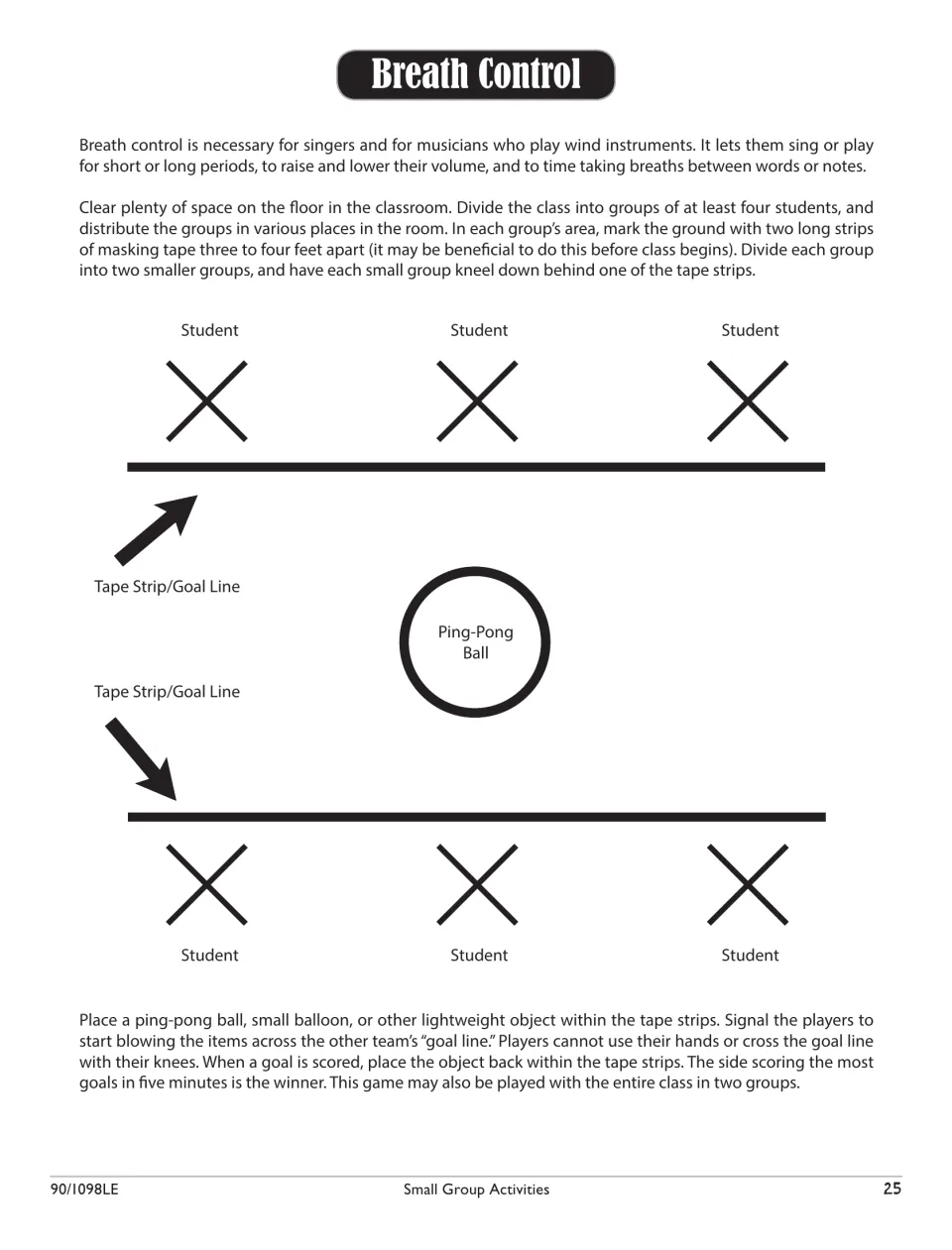 Breath control game: teams kneel behind tape goal lines and blow a ping-pong ball across, with a labeled setup diagram