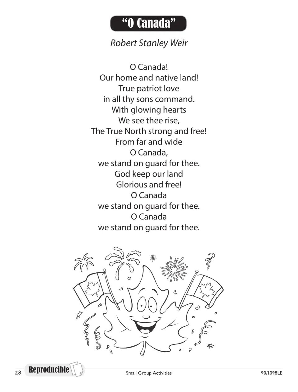 Lyrics to "O Canada" by Robert Stanley Weir, printed in full beside a smiling maple leaf holding two Canadian flags