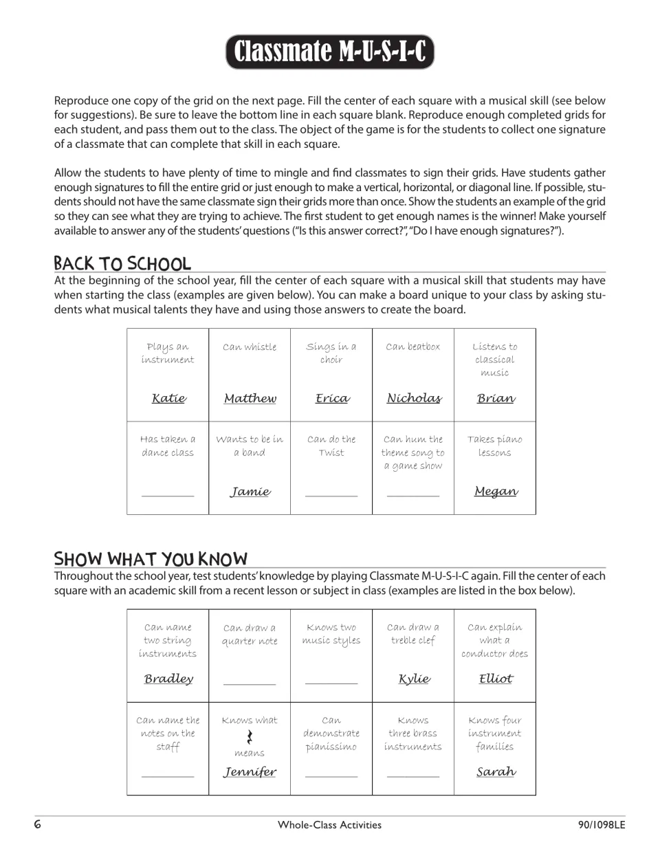 Classmate M-U-S-I-C: students collect classmate signatures for music skills; sample Back to School and review grids