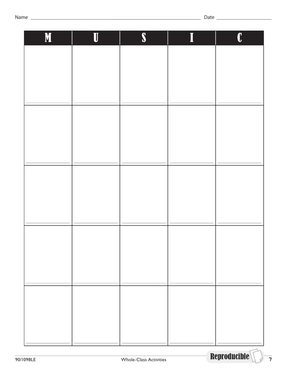 Blank Classmate M-U-S-I-C game board: 25 squares under M, U, S, I, C, each with a line for a classmate's signature