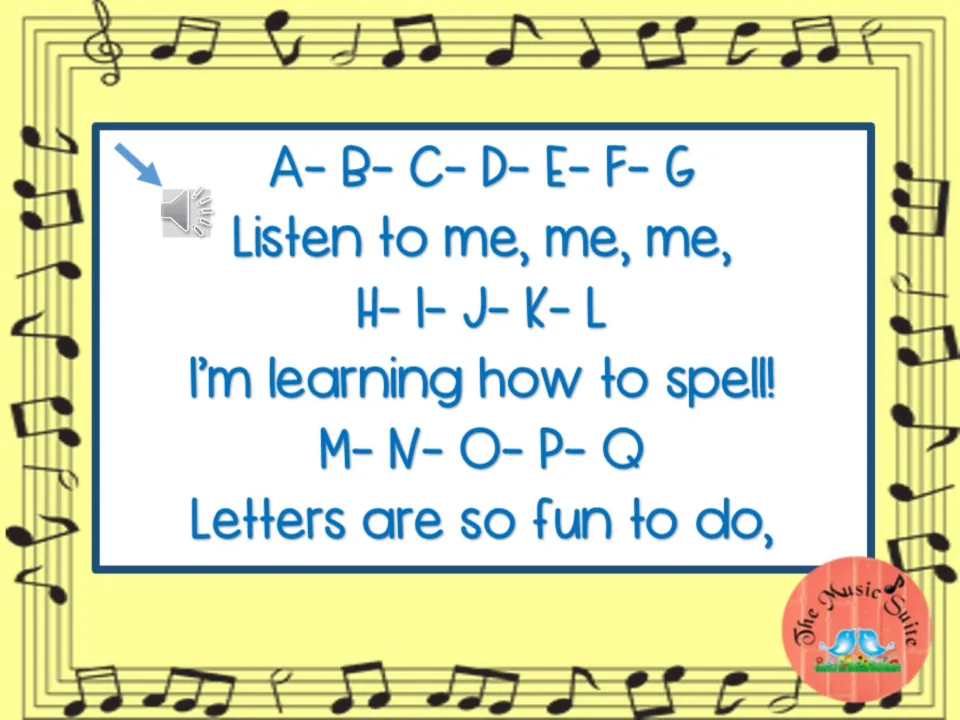 First lyric slide covers A–Q with 'Listen to me, me, me,' 'I'm learning how to spell!' and a sound icon.