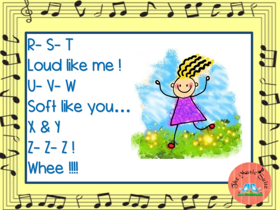 Second lyric slide covers R–Z with 'Loud like me!' 'Soft like you...' and the ending 'Z–Z–Z! Whee!'
