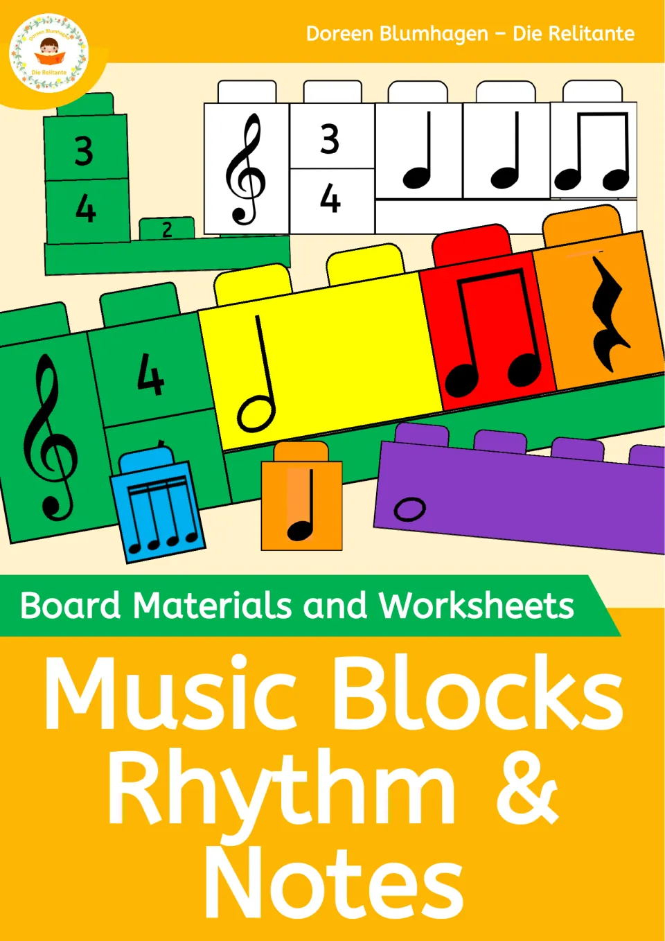 Music Blocks Rhythm & Notes cover: colorful brick-style note, rest, clef and time signature blocks, board materials