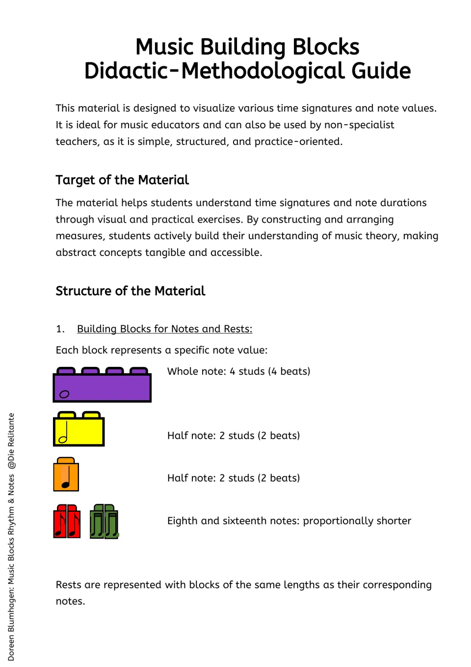 Teacher guide to note value blocks: whole note is 4 studs, half note 2 studs, eighth and sixteenth notes shorter
