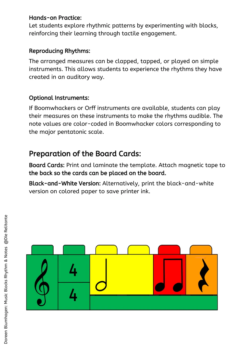 Teacher guide to hands-on practice, clapping or playing rhythms, optional Boomwhackers, and preparing board cards