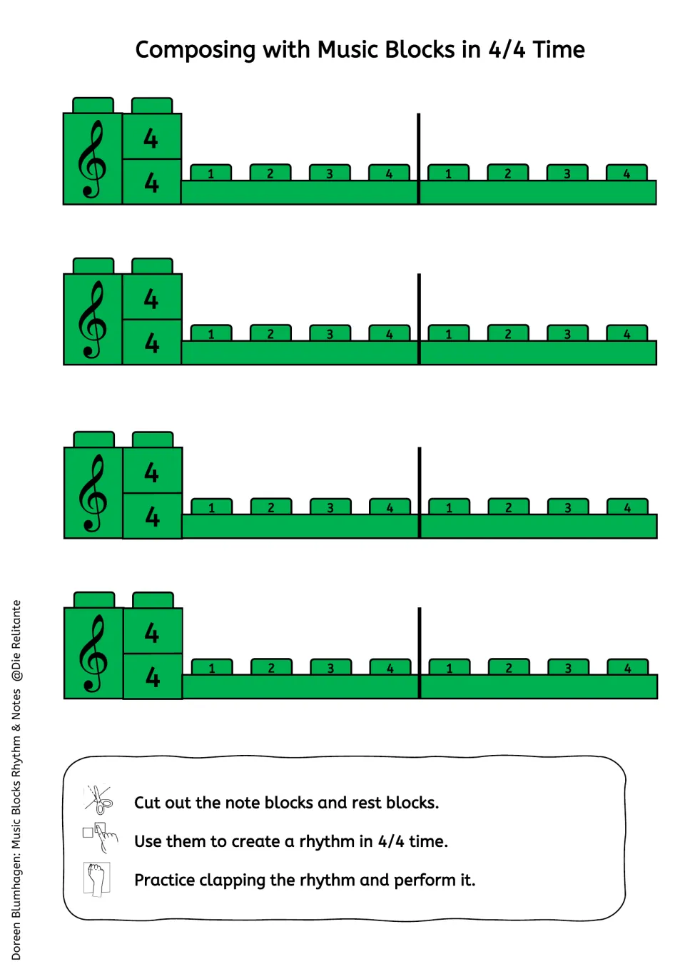 Composing in 4/4 time: students cut out note and rest blocks, fill four two-measure strips, then clap the rhythm