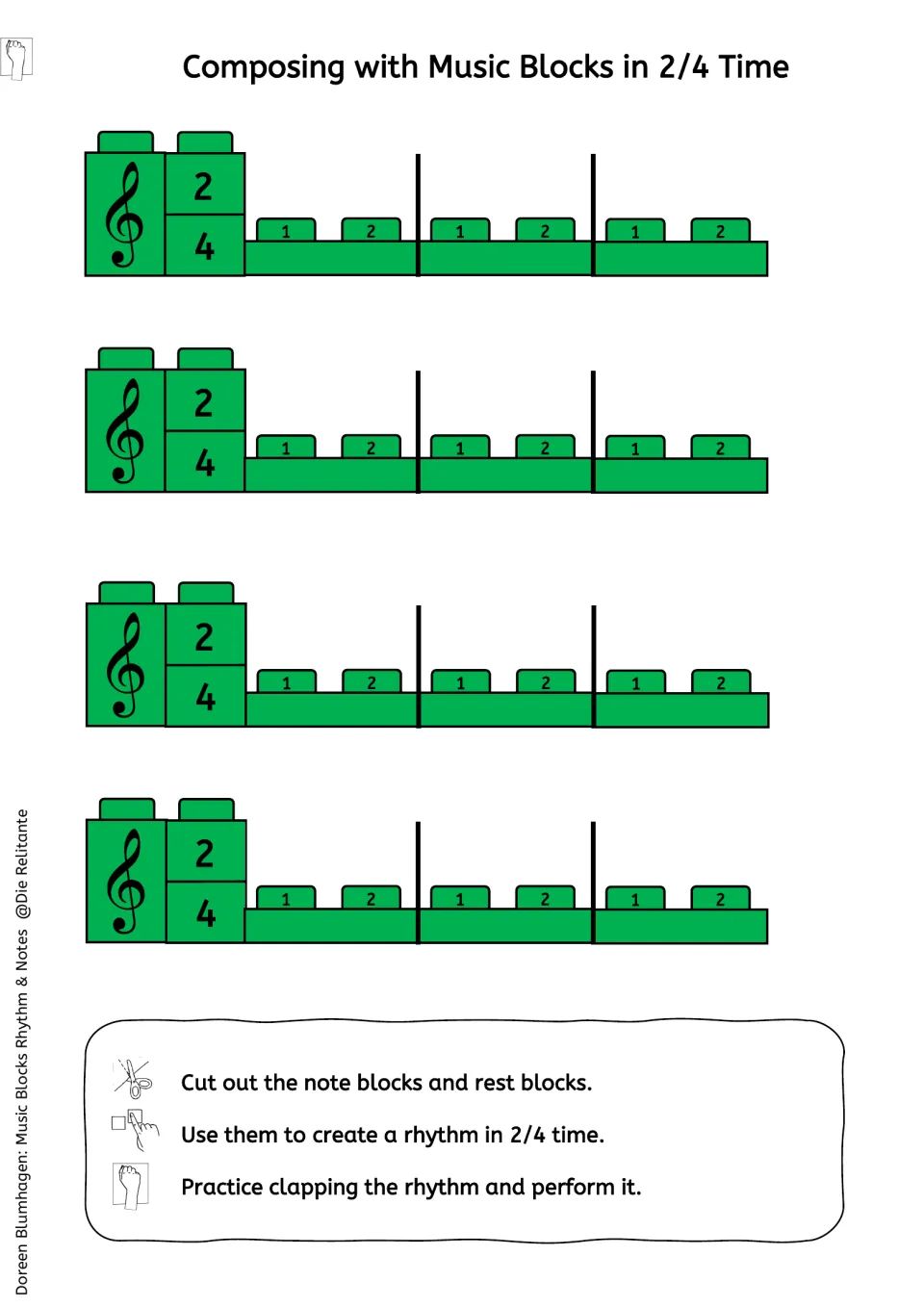 Composing in 2/4 time: students cut out note and rest blocks, fill four three-measure strips, then clap the rhythm