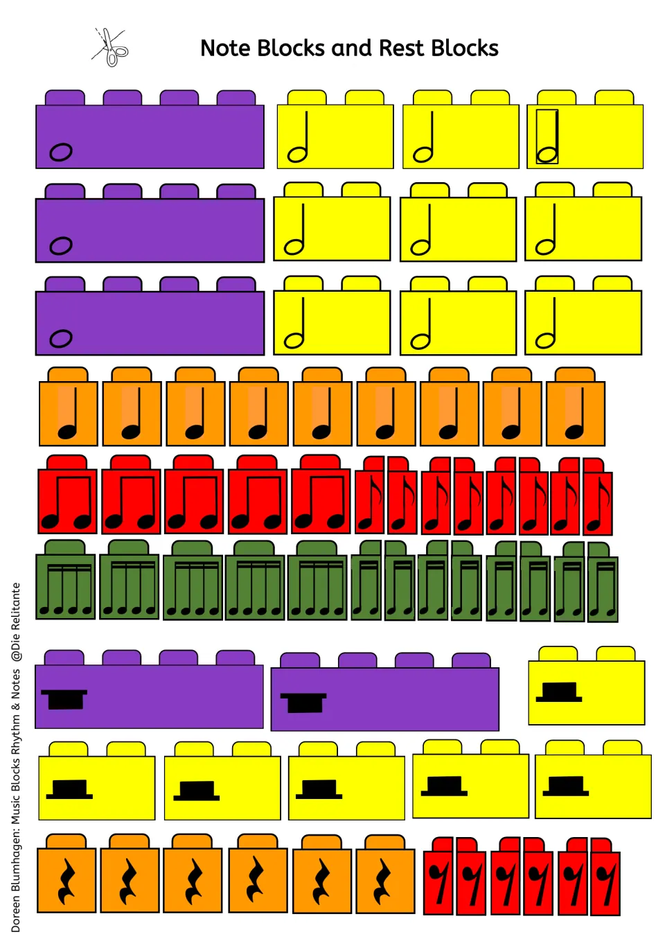 Note blocks and rest blocks to cut out: whole, half, quarter, eighth and sixteenth notes and matching rests in color