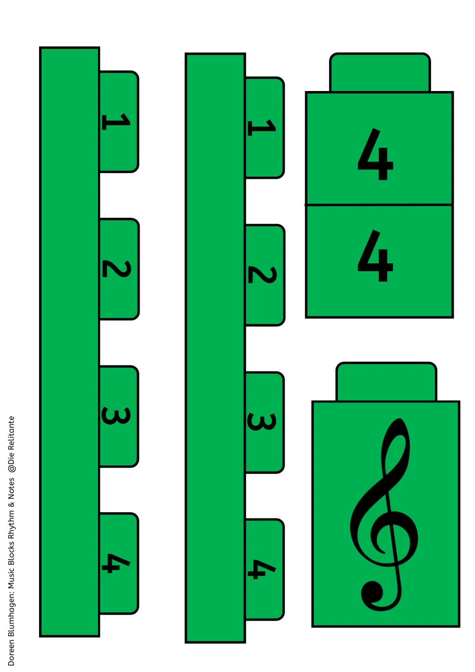 Cut-out piece sheet: two green 4-stud base plates numbered 1 to 4, a 4/4 time signature block and a treble clef block