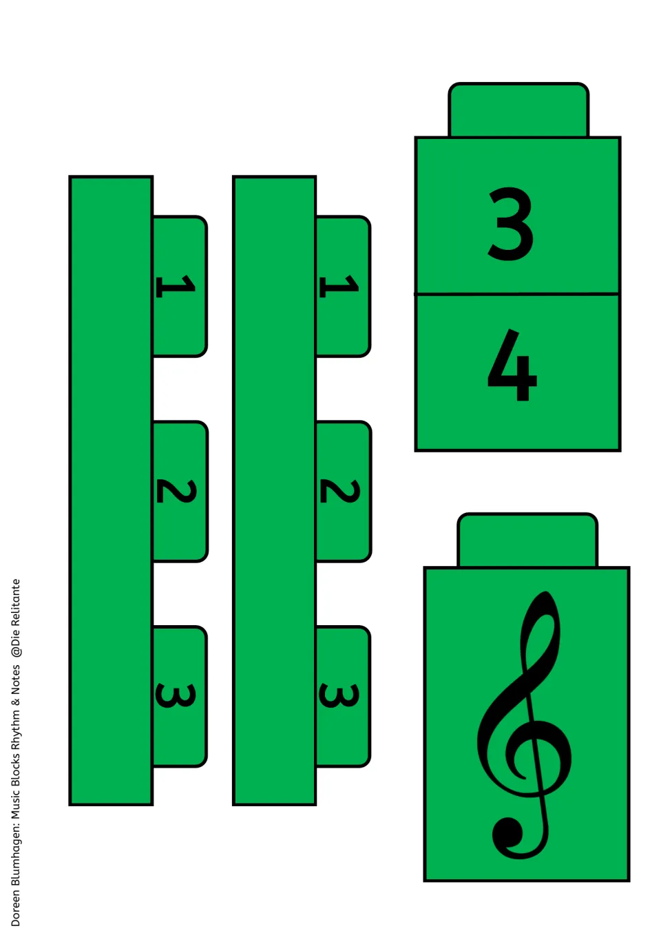 Cut-out piece sheet: two green 3-stud base plates numbered 1 to 3, a 3/4 time signature block and a treble clef block
