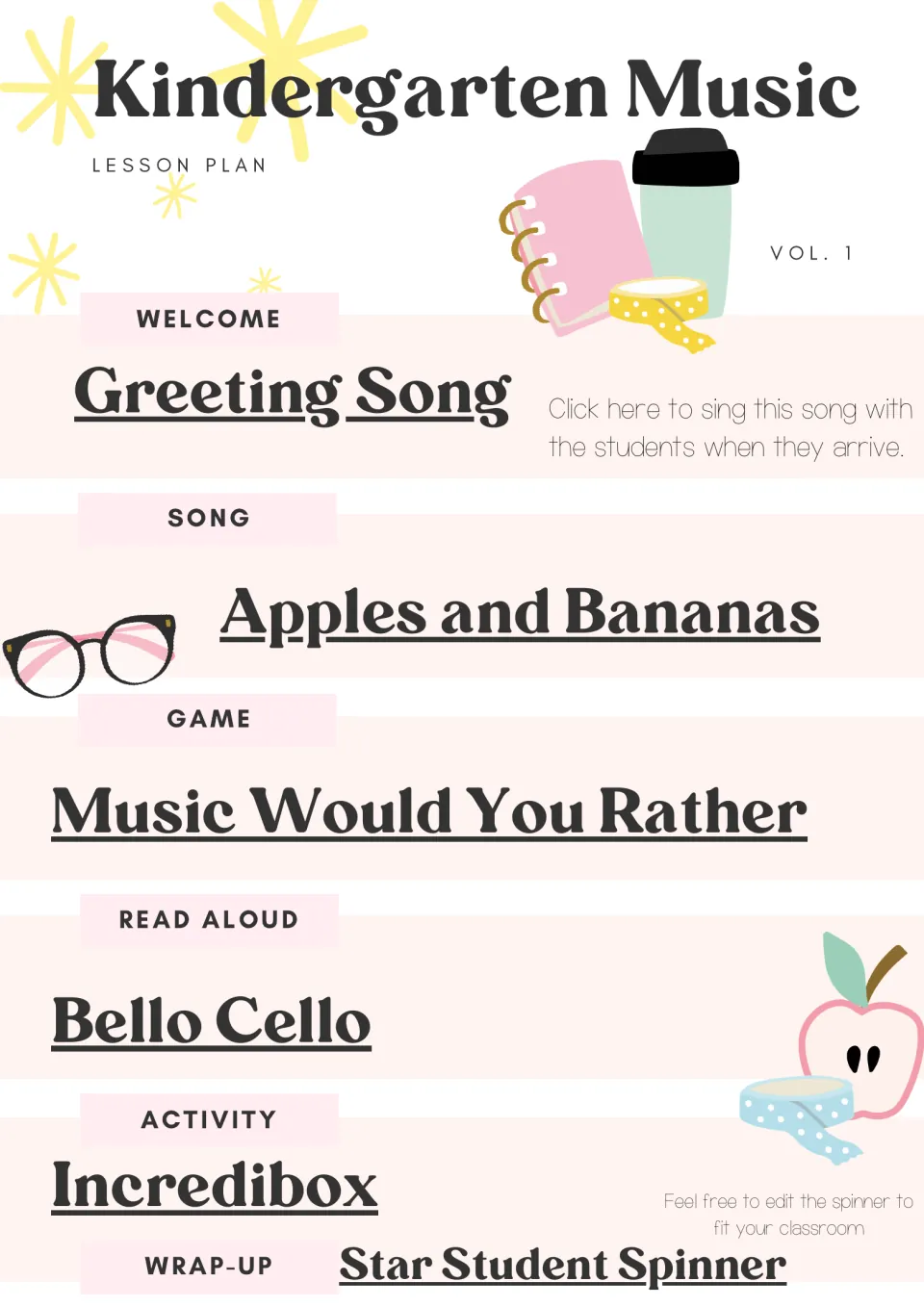 Kindergarten music lesson plan: Apples and Bananas song, Music Would You Rather game, Bello Cello read-aloud, Incredibox