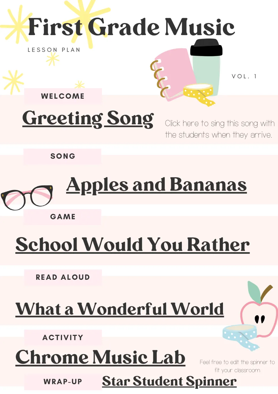 First grade music lesson plan: Apples and Bananas song, School Would You Rather game, a read-aloud and Chrome Music Lab