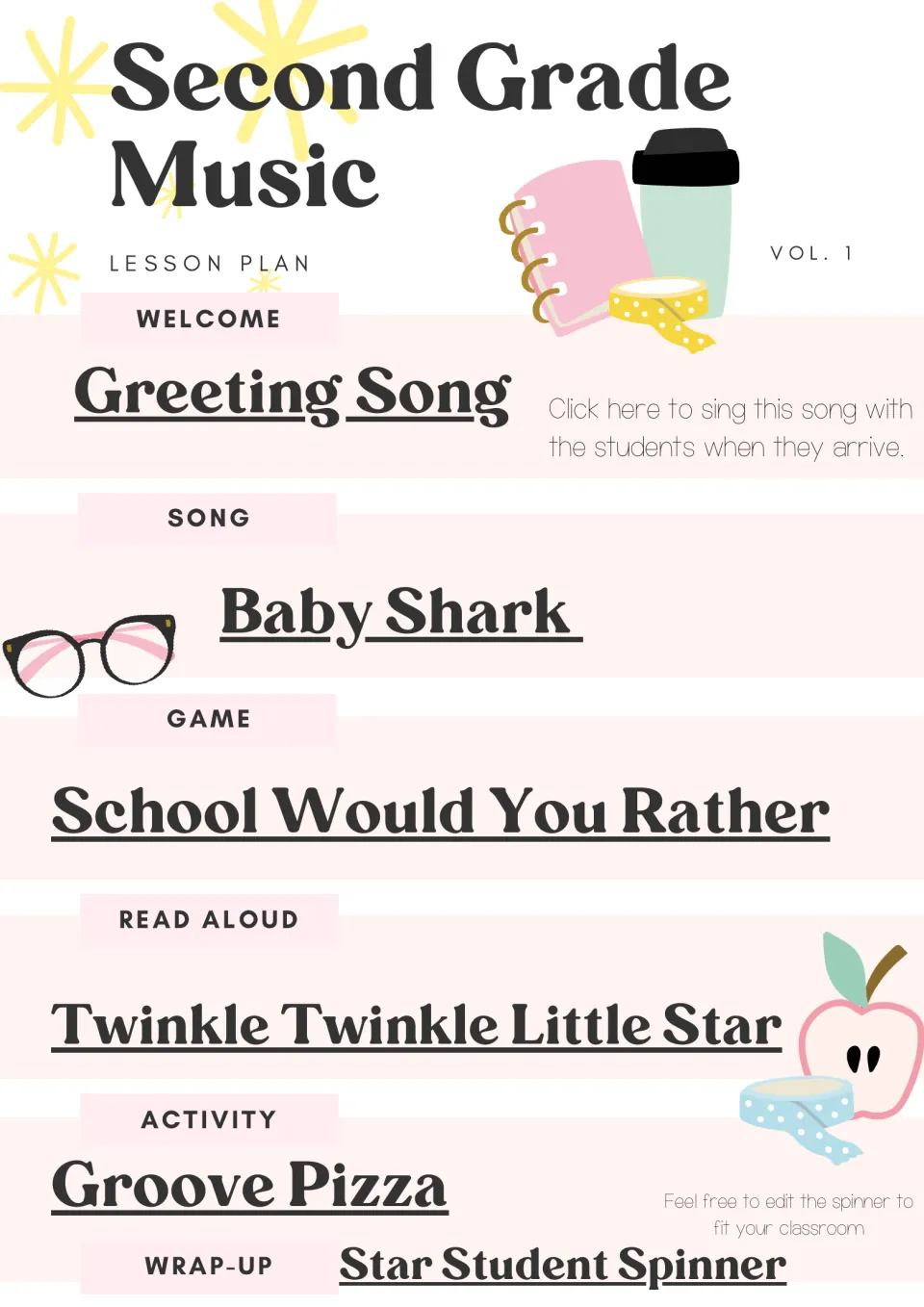 Second grade music plan: Baby Shark song, School Would You Rather, Twinkle Twinkle Little Star read-aloud, Groove Pizza