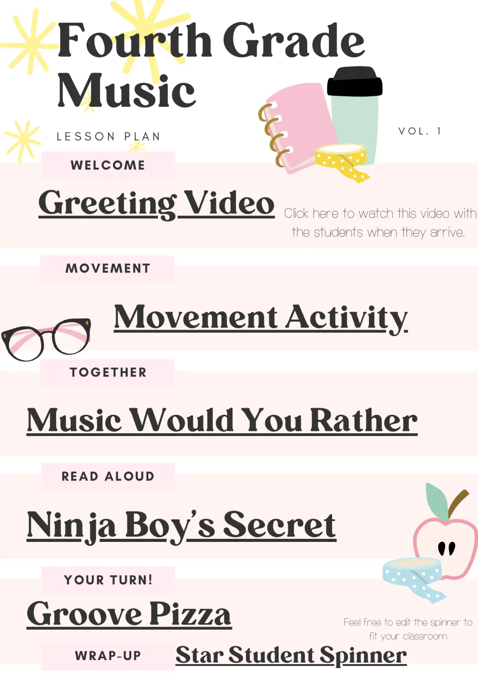 Fourth grade music lesson plan: movement activity, Music Would You Rather, Ninja Boy's Secret read-aloud, Groove Pizza