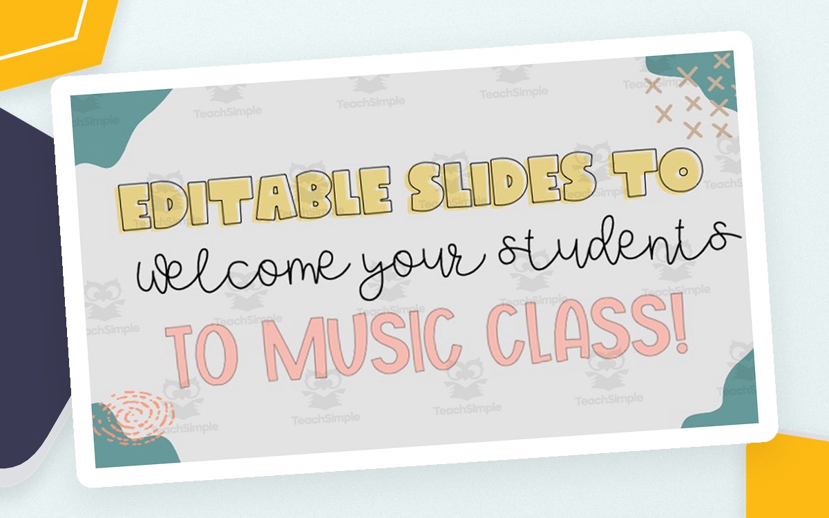 Music Class Welcome Slides preview: Eleven coordinated music-class display slides